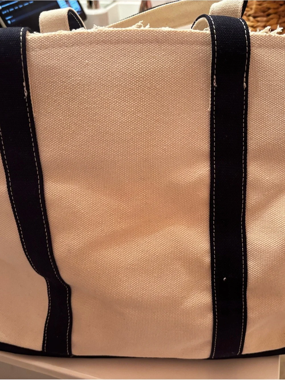 Canvas Tote with Navy Trim and Gold Hardware NWOT